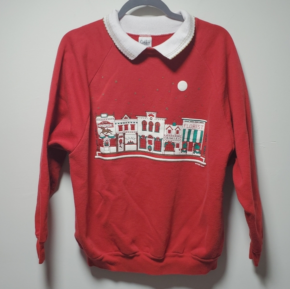 Vintage Tops - Vintage Ugly Christmas Sweatshirt Collar Village Town Size 1X Holidays Winter